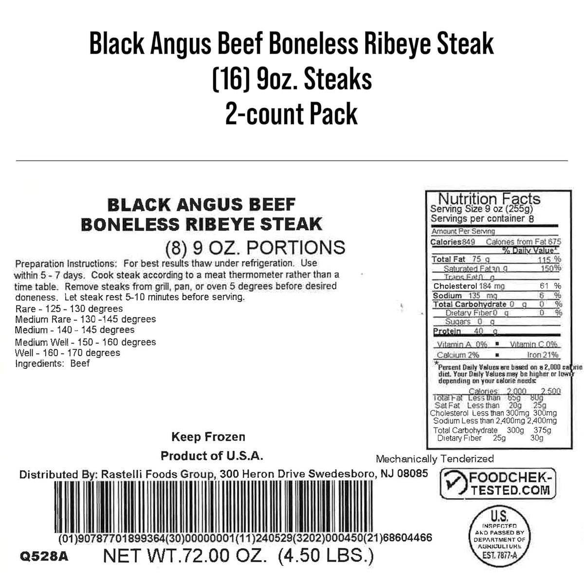 ✨Black Angus Boneless Ribeye Steaks, 16‑Pack 9oz Steaks, 9 Lbs Total Premium Beef