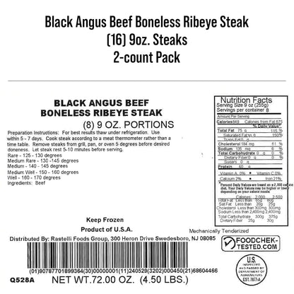 ✨Black Angus Boneless Ribeye Steaks, 16‑Pack 9oz Steaks, 9 Lbs Total Premium Beef
